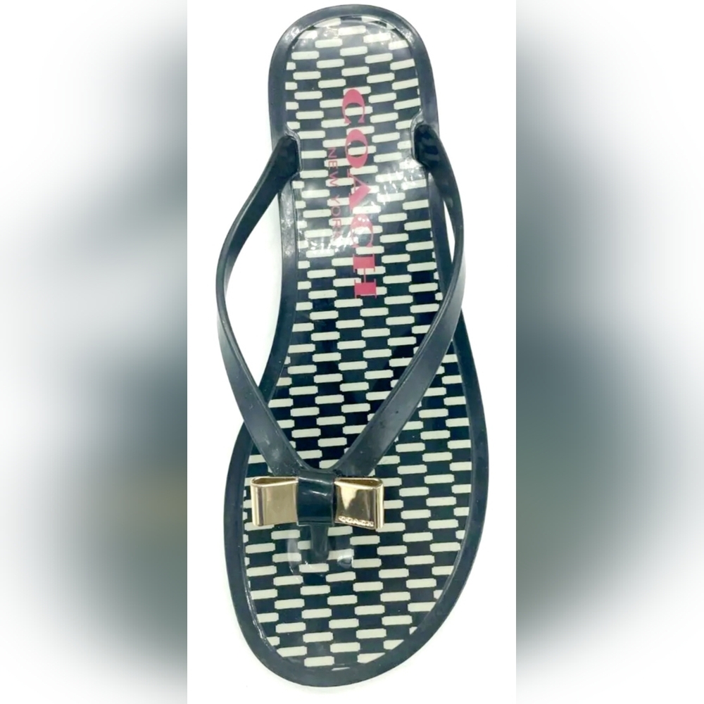 Coach Landon Women Patterned Jelly Thong Flip Flops Black/Ivory Logo Bow US 8.5 - Picture 4 of 16